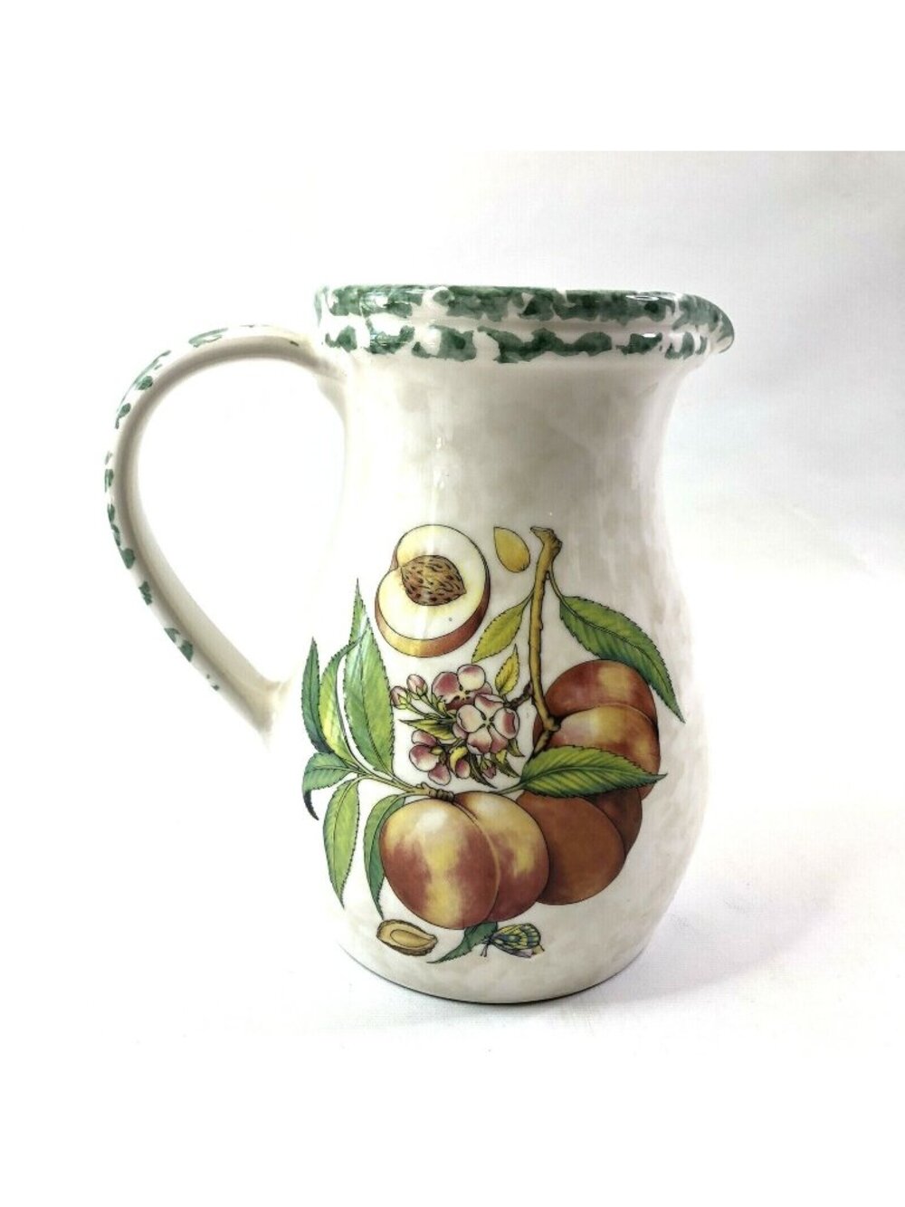 Vintage Himark Ceramic Pitcher With Peach Design & Green Sponge Trim - 52oz